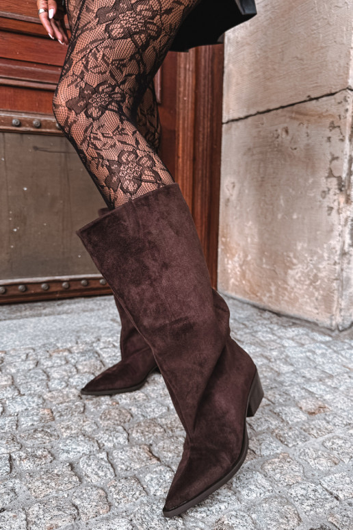 Slip-on vzor dlouhé boty s podpatky z eko semišeowe Czekoladowe Casella