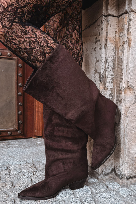 Slip-on vzor dlouhé boty s podpatky z eko semišeowe Czekoladowe Casella