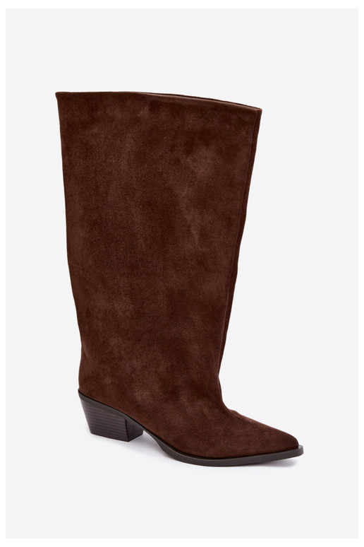 Slip-on vzor dlouhé boty s podpatky z eko semišeowe Czekoladowe Casella