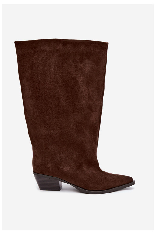 Slip-on vzor dlouhé boty s podpatky z eko semišeowe Czekoladowe Casella