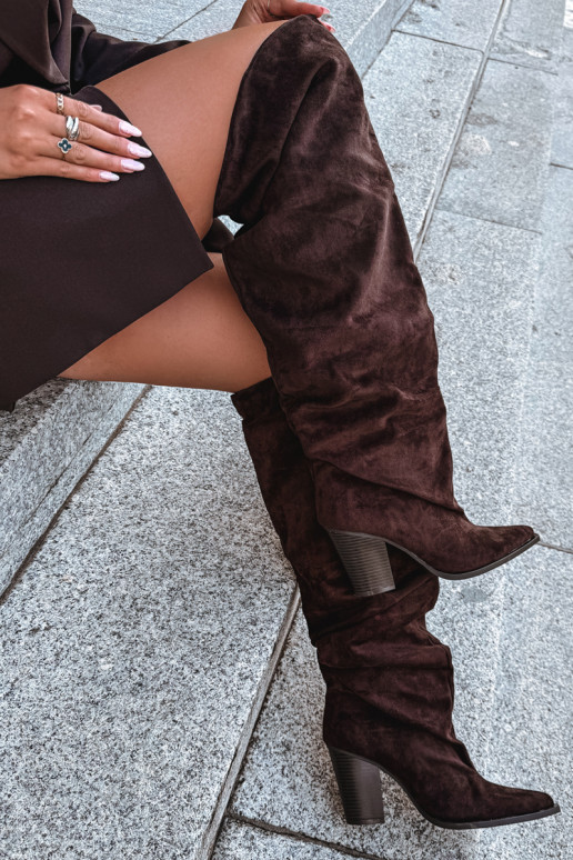 dámské dlouhé boty s podpatky Slip-on vzor Czekoladowe Anica