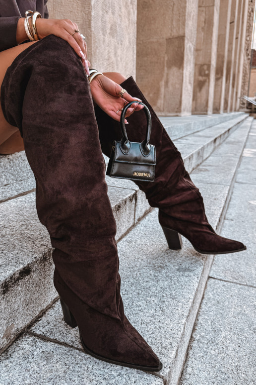dámské dlouhé boty s podpatky Slip-on vzor Czekoladowe Anica