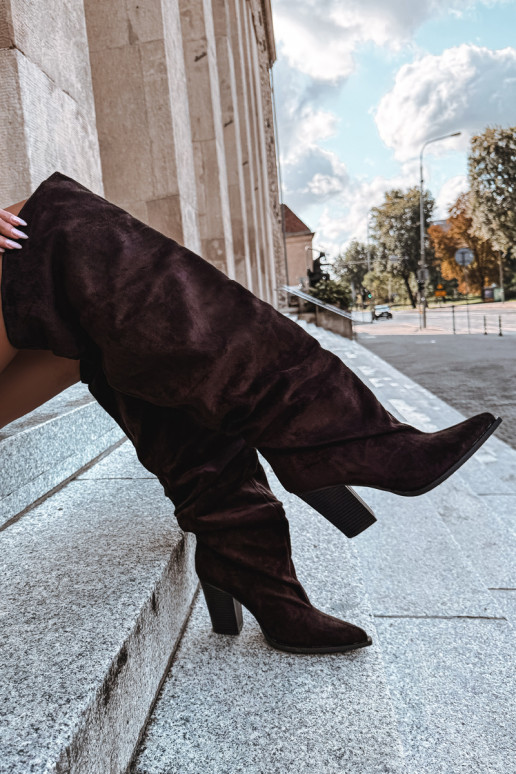 dámské dlouhé boty s podpatky Slip-on vzor Czekoladowe Anica
