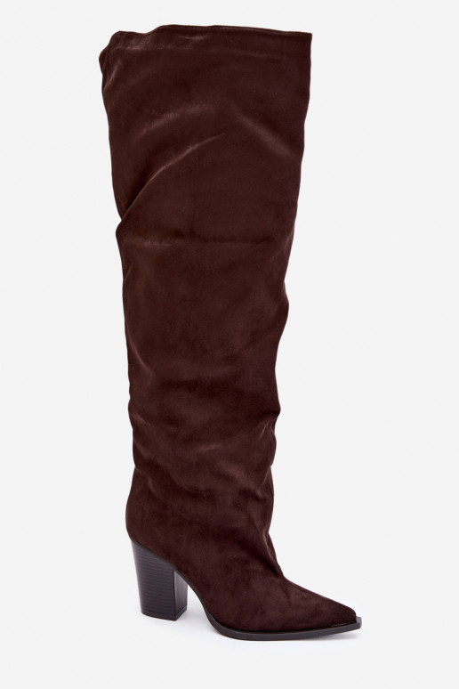 dámské dlouhé boty s podpatky Slip-on vzor Czekoladowe Anica