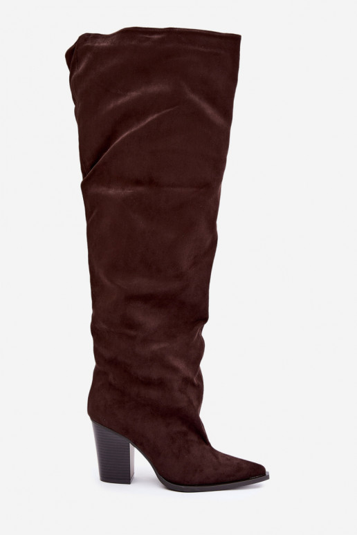 dámské dlouhé boty s podpatky Slip-on vzor Czekoladowe Anica