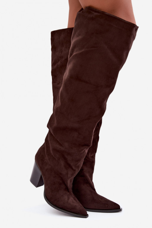 dámské dlouhé boty s podpatky Slip-on vzor Czekoladowe Anica
