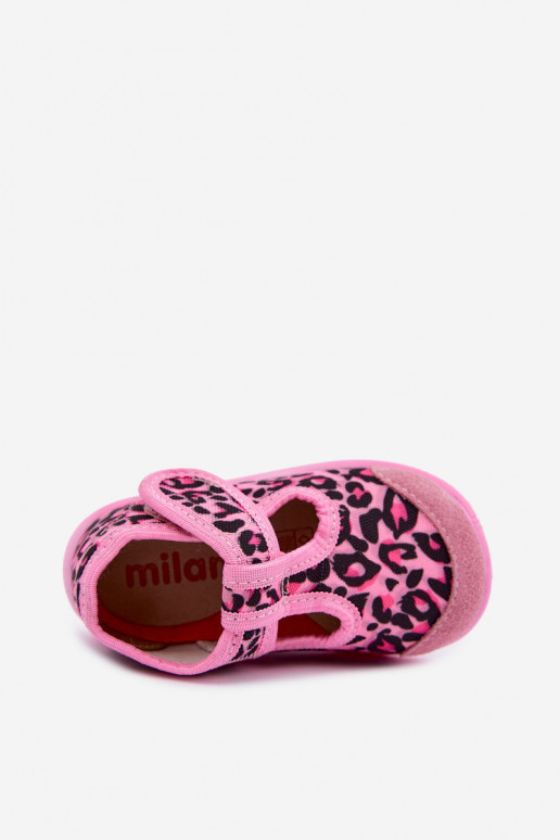 Pantofle Milami Dětské Elastyczne se samolepicími uzávěry se vzory leopardí kožešiny růžová Ambette