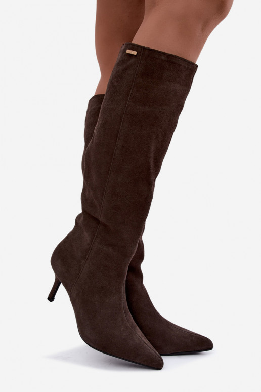 ze semiše dlouhé boty s tenkými podpatky zateplené Slip-on vzor Big Star UU274495 tmavě hnědá