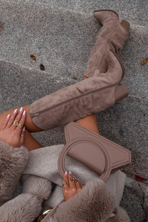 zateplené dlouhé boty kovbojský styl s podpatky Z z eko semišeu béžové Mavine