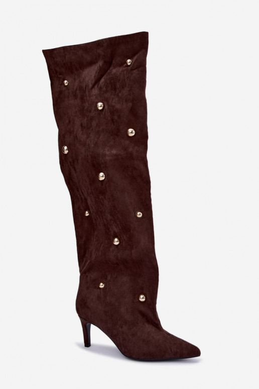 Slip-on vzor dlouhé boty s tenkými podpatky  Detalami Czekoladowe Beladine
