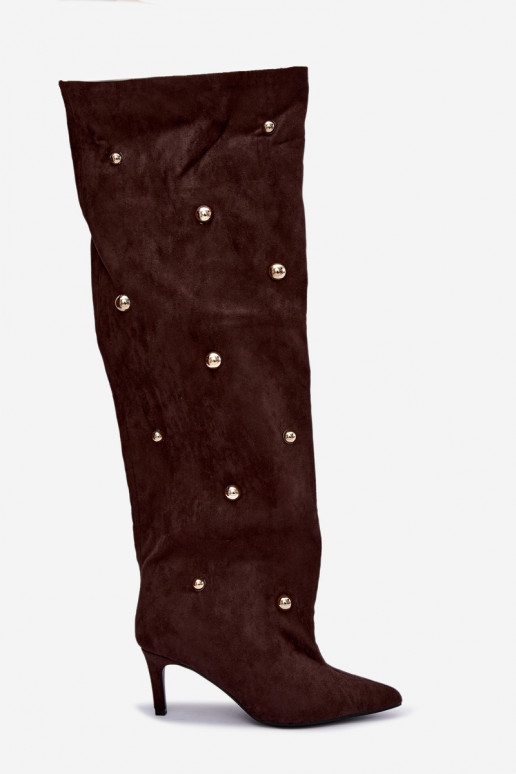 Slip-on vzor dlouhé boty s tenkými podpatky  Detalami Czekoladowe Beladine