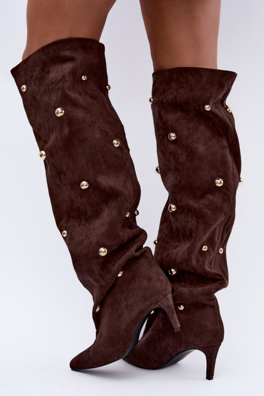 Slip-on vzor dlouhé boty s tenkými podpatky  Detalami Czekoladowe Beladine