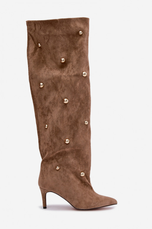 Slip-on vzor dlouhé boty s tenkými podpatky  Detalami béžové Beladine