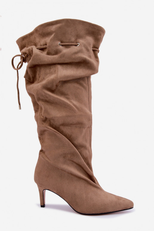 zateplené Slip-on vzor dlouhé boty Typu Slouchy s tenkými podpatky se stylovými detaily béžové Tivelle