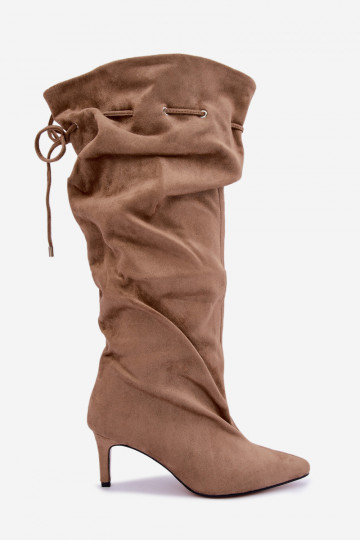 zateplené Slip-on vzor dlouhé boty Typu Slouchy s tenkými podpatky se stylovými detaily béžové Tivelle 2