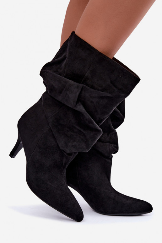 Slip-on vzor Dřeváky Typu Slouchy s podpatky Z Naturalnego Zamszu Černé Cindrelle