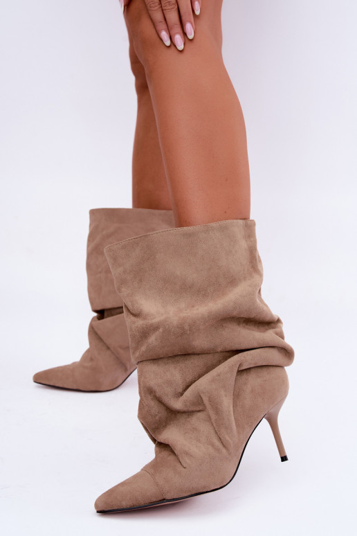  zateplené Dřeváky s tenkými podpatky Slip-on vzor béžové Greselle