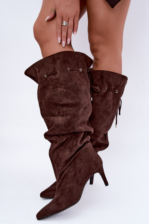 zateplené Slip-on vzor dlouhé boty Typu Slouchy s tenkými podpatky se stylovými detaily Czekoladowe Tivelle