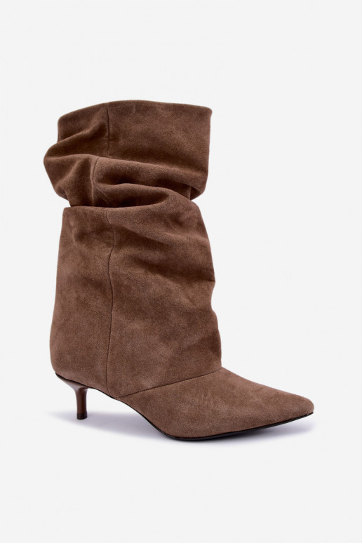 Slip-on vzor Dřeváky Typu Slouchy s podpatky Z Naturalnego Zamszu khaki Cindrelle