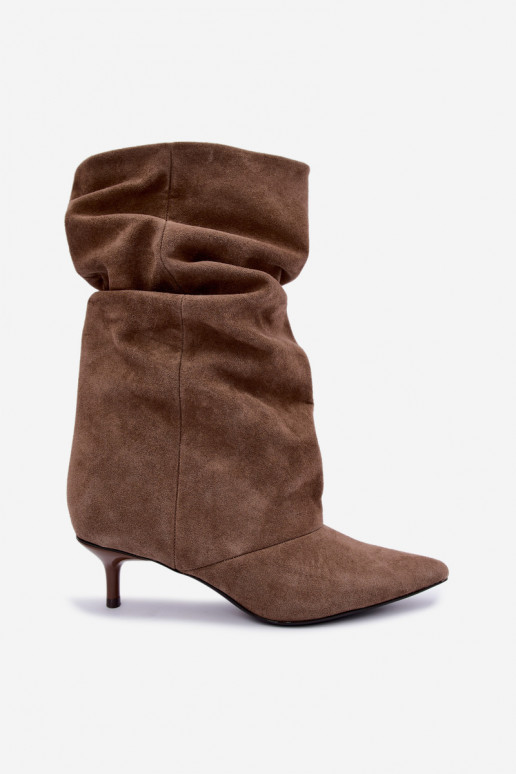 Slip-on vzor Dřeváky Typu Slouchy s podpatky Z Naturalnego Zamszu khaki Cindrelle