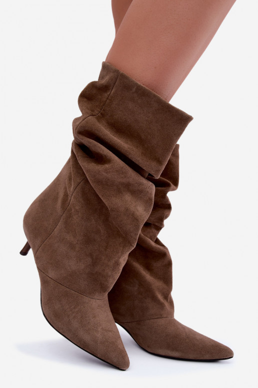 Slip-on vzor Dřeváky Typu Slouchy s podpatky Z Naturalnego Zamszu khaki Cindrelle