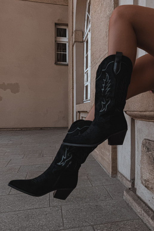 dlouhé boty kovbojský styl  s podpatky Černé Betina