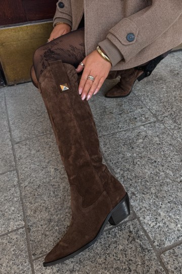  ze semiše dlouhé boty kovbojský styl zateplené Zazoo 4224 hnědá 2