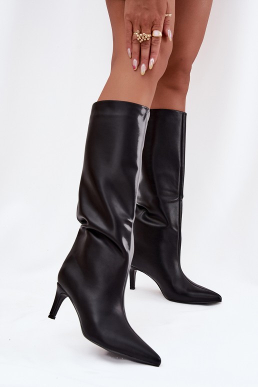 dámské dlouhé boty Slip-on vzor zateplené s tenkými podpatky Černé Olivienne