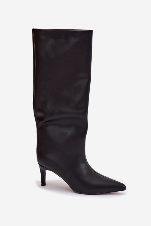 dámské dlouhé boty Slip-on vzor zateplené s tenkými podpatky Černé Olivienne