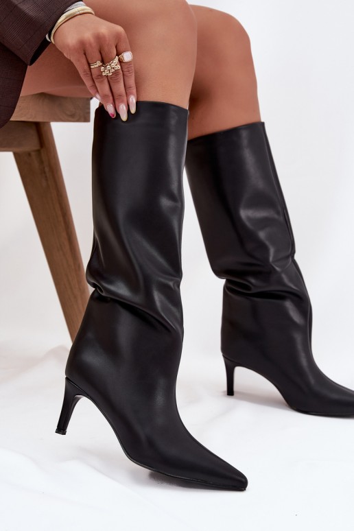 dámské dlouhé boty Slip-on vzor zateplené s tenkými podpatky Černé Olivienne