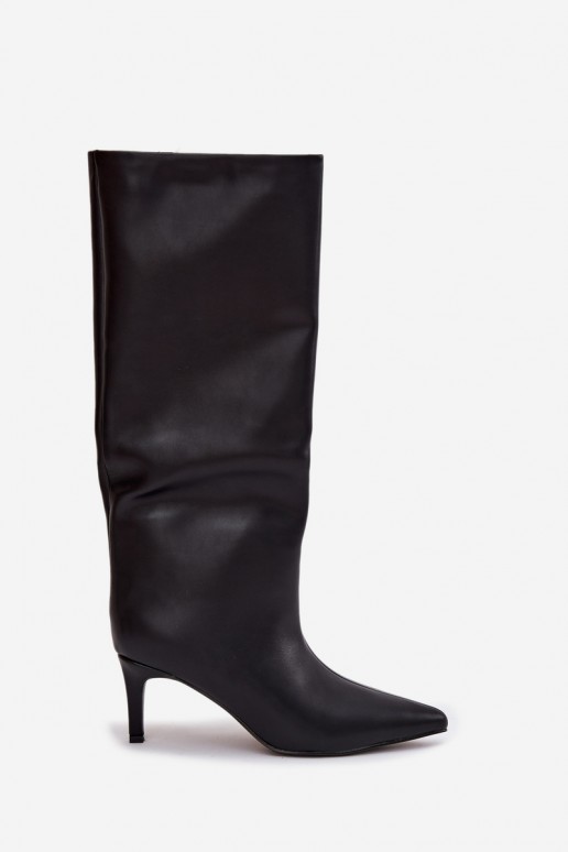 dámské dlouhé boty Slip-on vzor zateplené s tenkými podpatky Černé Olivienne
