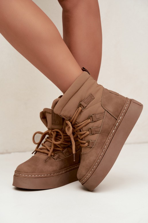 Šněrovací zimní boty s platformou Big Star UU274190 Camel