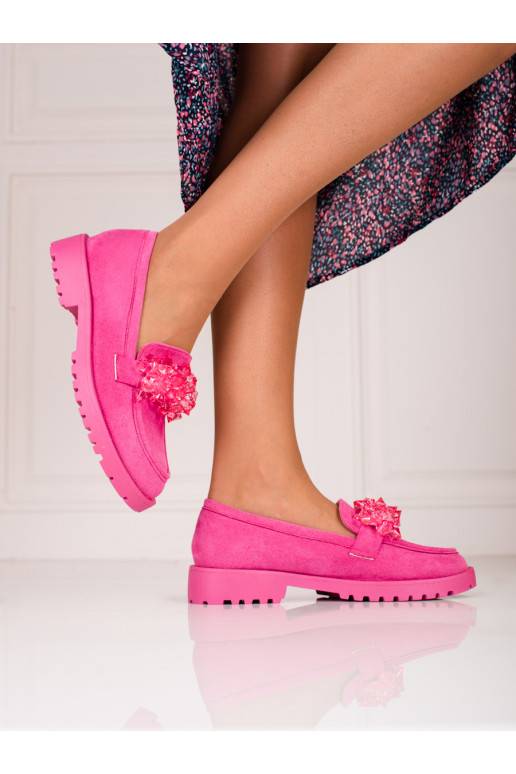 iš zomšos moteriški mokasinai Shelovet su kristaliukais rožinės spalvos