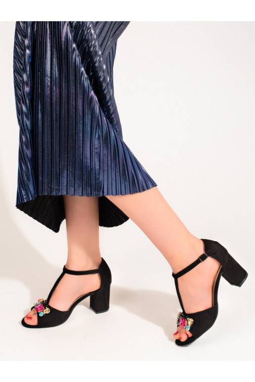 Dámské semišové sandály na podpatku s krystalky Shelovet černé