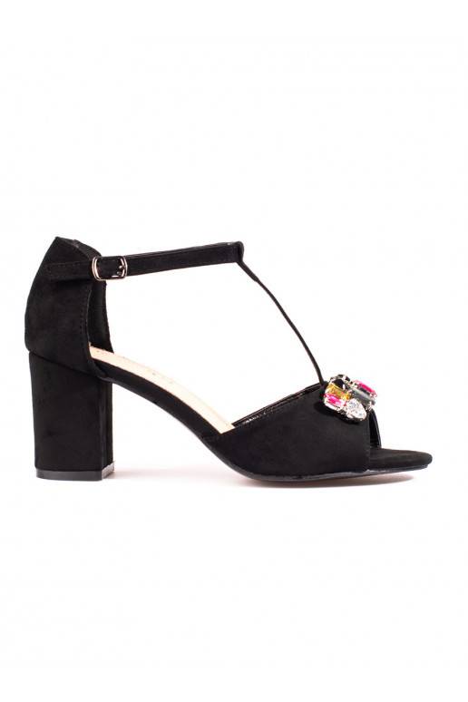 Dámské semišové sandály na podpatku s krystalky Shelovet černé