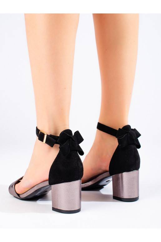 Černo-stříbrné sandály na podpatku s mašlí Potocki