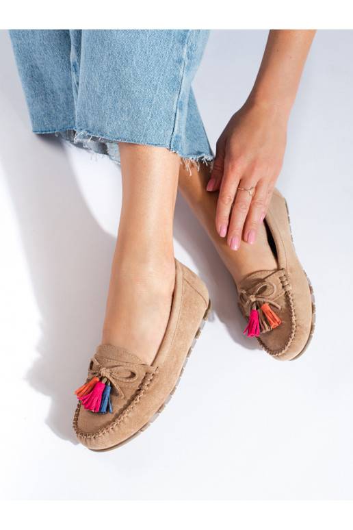 Světle béžové semišové mokasíny boho se střapci Shelovet