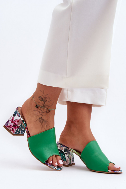 Zelené kožené pantofle Boty s podpatky Zelené kožené pantofle Boty s podpatky