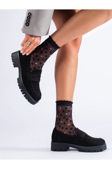 Semišové černé mokasíny na hrubé podrážce Shelovet