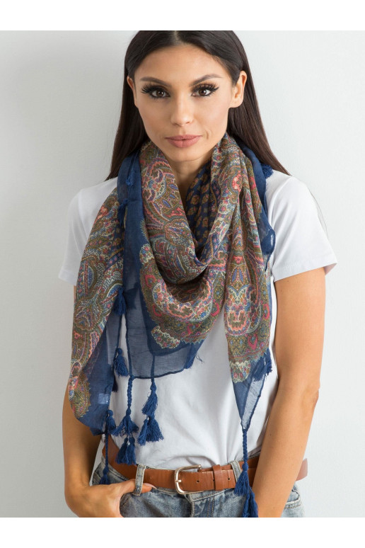 Tmavě modrý šátek s potiskem a třásněmi