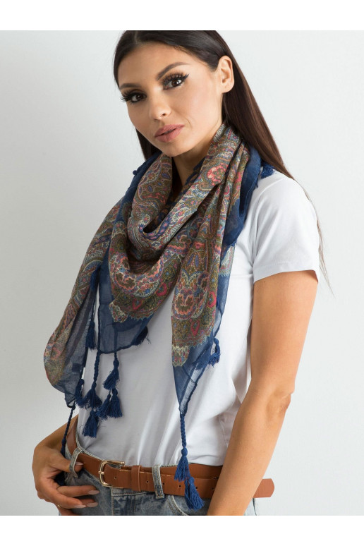 Tmavě modrý šátek s potiskem a třásněmi